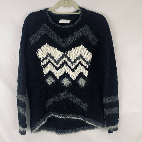 🍒Velvet Jubilee Chevron Knit‎ Sweater Wool Blend Black Nordic Pattern Ski Small - Picture 5 of 11